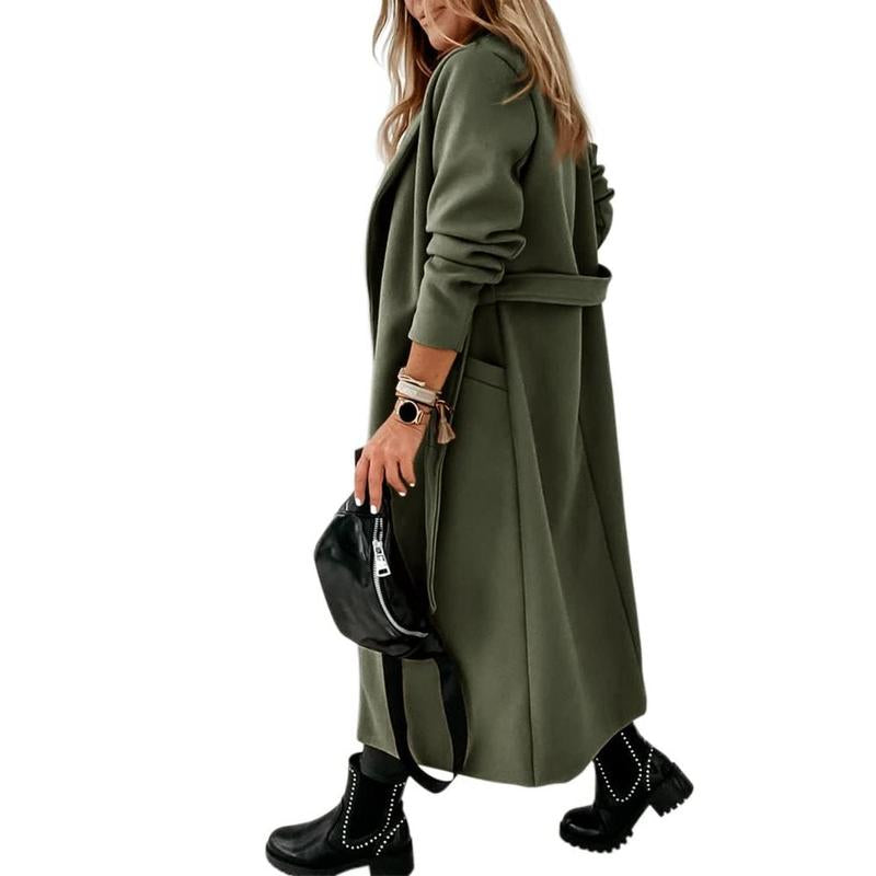 Imily Bela Womens Classic Coat Lapel Collar Open Front Belted Long Jacket M9S050