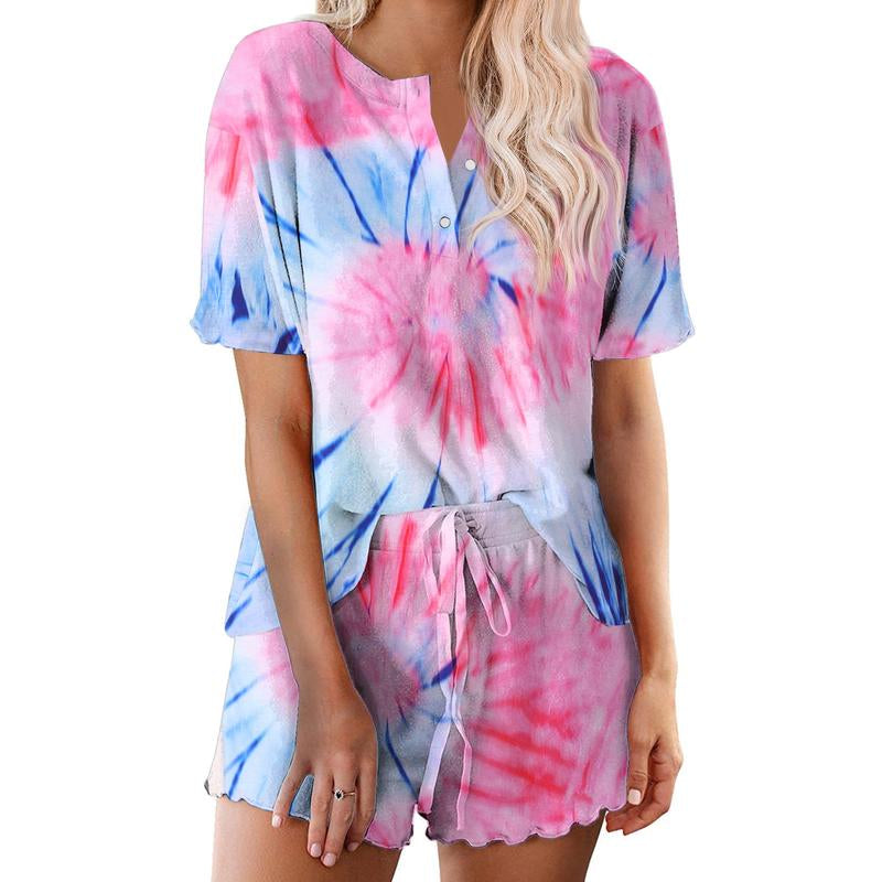 Ekouaer Tie Dye Pajamas Set Womens Loungewear Sleepwear 2 Piece PJ Sets Soft Womenswear Elastic Chic Comfy Casual Crewneck Fits Short Sleeve Jersey Light Drawstring Anniversary Bridal Dress Ladies Party Suit