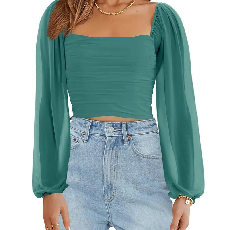 Tankaneo Women'S Summer Mesh Long Sleeve Tops Square Neck Ruched Party Club Casual Crop Blouse Shirt RP5408