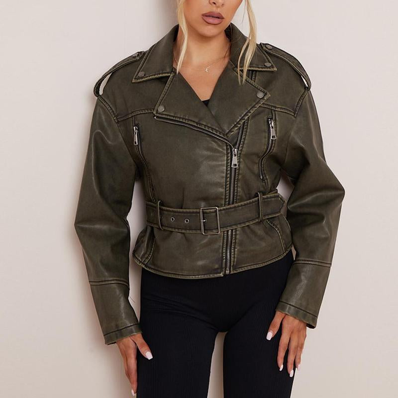 Katchme Womenswear Epaulets Zipper Belt Decor PU Biker Jacket Coats,Outerwear Jacket,Ladies Biker Zipper Pocket Clothes Womenswear