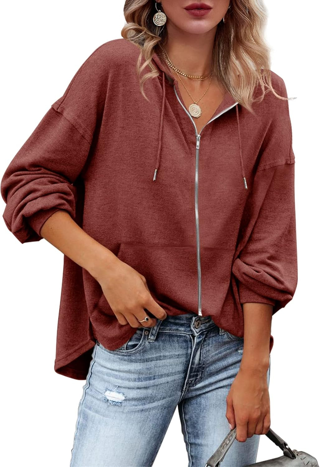 Womens Zip up Hoodies Loose Fit Sweatshirt Casual Long Sleeve Shirts for Women Pullover Tops with Pocket