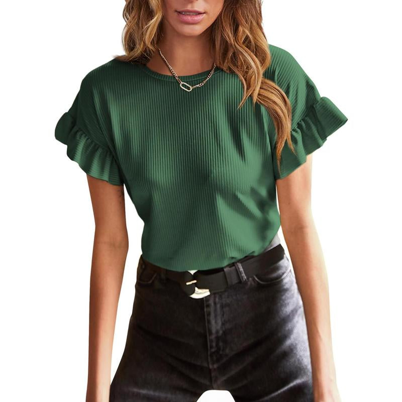 EVALESS Womens Short Sleeve Casual Camisole T Shirts Summer Ruffle Plain Crewneck Knitter Comfort Loose Fitted Basic Tee Tops Womenswear