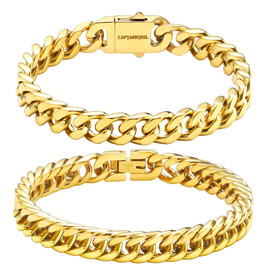 CaptainSteeL 2Pcs Cuban Link Chain Bracelet Set-Stainless SteeL BraceletGold Plating/High Poshing Bracelet for Men Women Boyfiend Lover，Fashion Jewelry Bracelet with Gift Box7.5/8.3/9 Inches