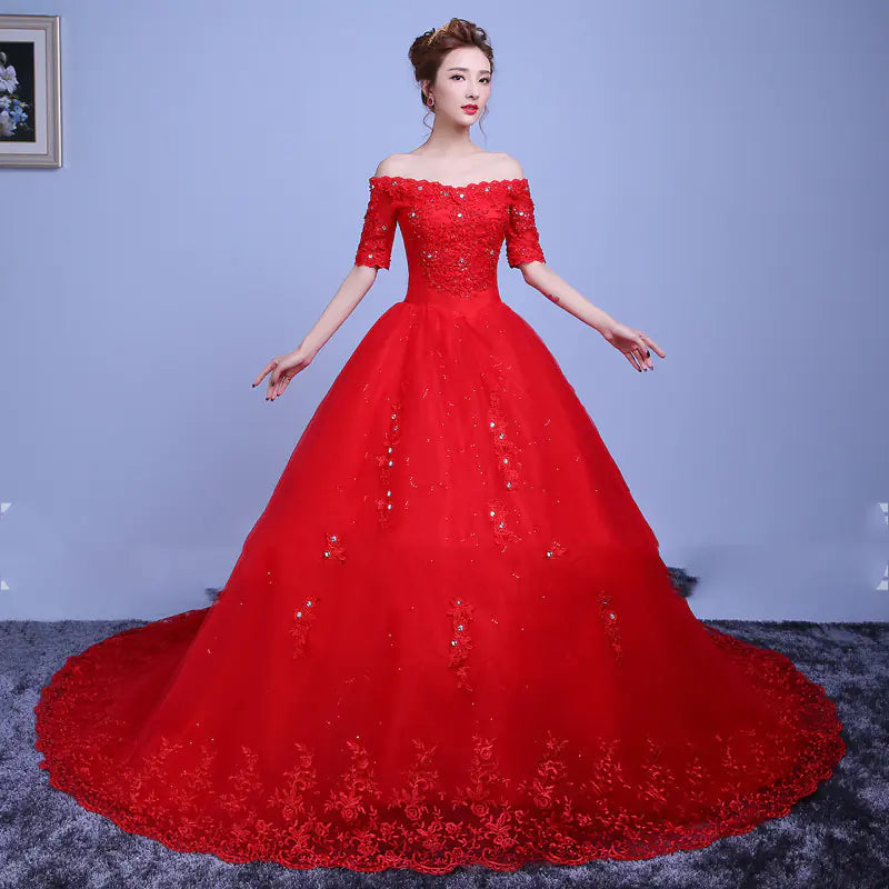 Red Wedding Dress with Shoulder Straps and Train