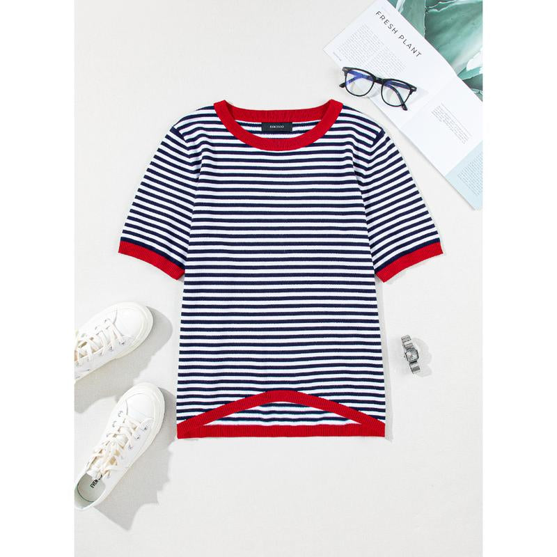 Dokotoo Womens Tops Casual Summer Crewneck Short Sleeve Striped Color Block Knit High Low Trendy Pullover Sweaters