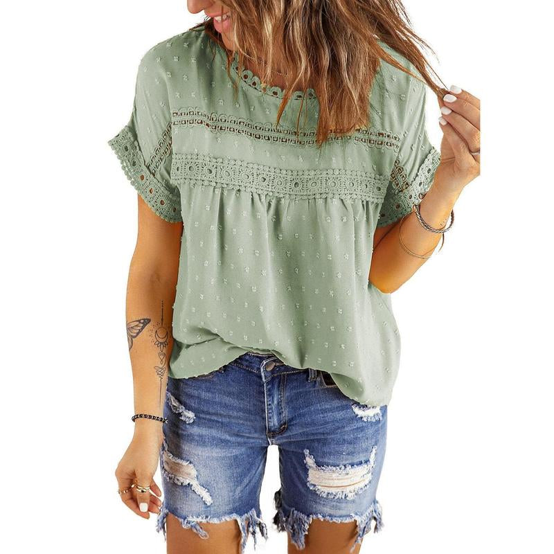 Dokotoo Womens Summer Tops Crewneck Lace Crochet Short Sleeve Shirts Casual Chiffon Blouses