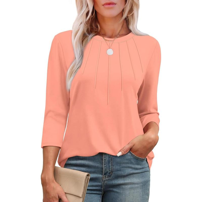 WIHOLL 3/4 Length Sleeve Womens Tops round Neck Casual Tunic Tops Basic Pleated Shirts Loose Fit 2024