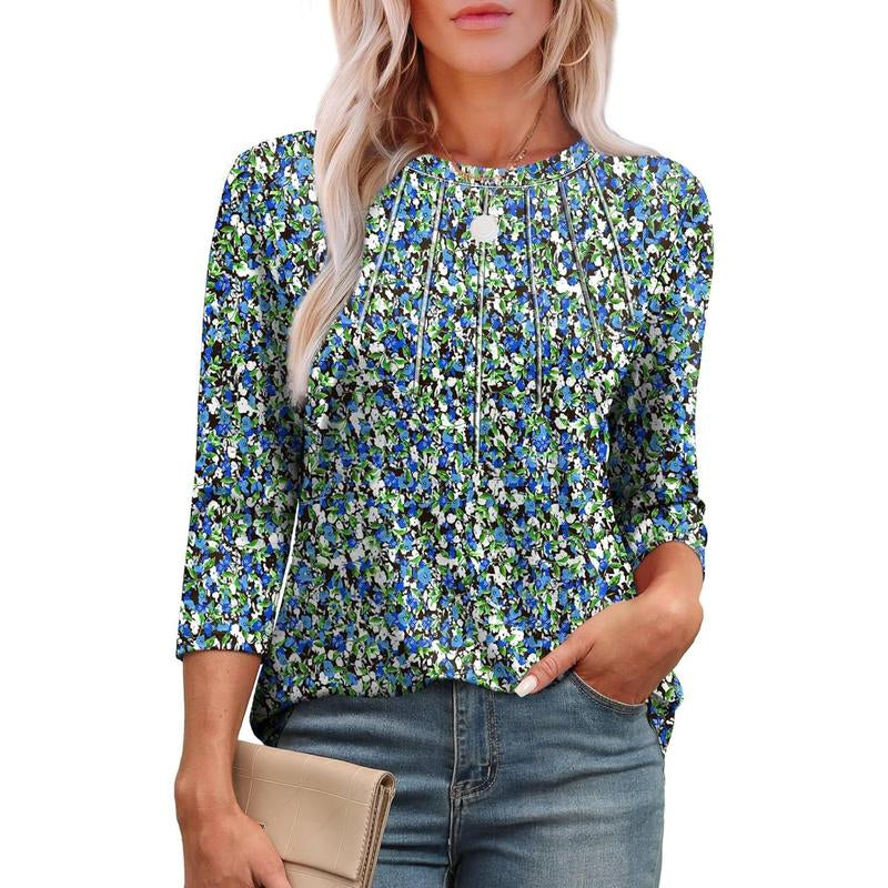 WIHOLL 3/4 Length Sleeve Womens Tops round Neck Casual Tunic Tops Basic Pleated Shirts Loose Fit 2024
