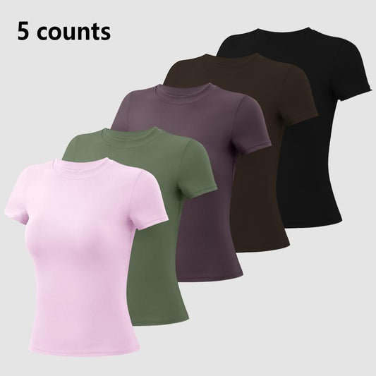 Timeoff 5 - Piece Solid Sports Tee Set , round Neck, Slim & Stretchy , Ideal for Yoga, Gym , Workouts – Women’S Athletic Wear