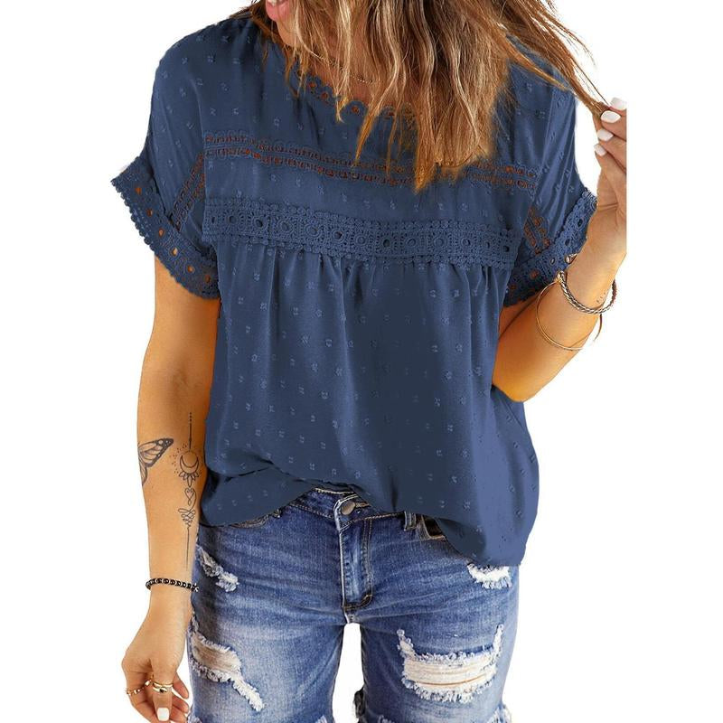 Dokotoo Womens Summer Tops Crewneck Lace Crochet Short Sleeve Shirts Casual Chiffon Blouses