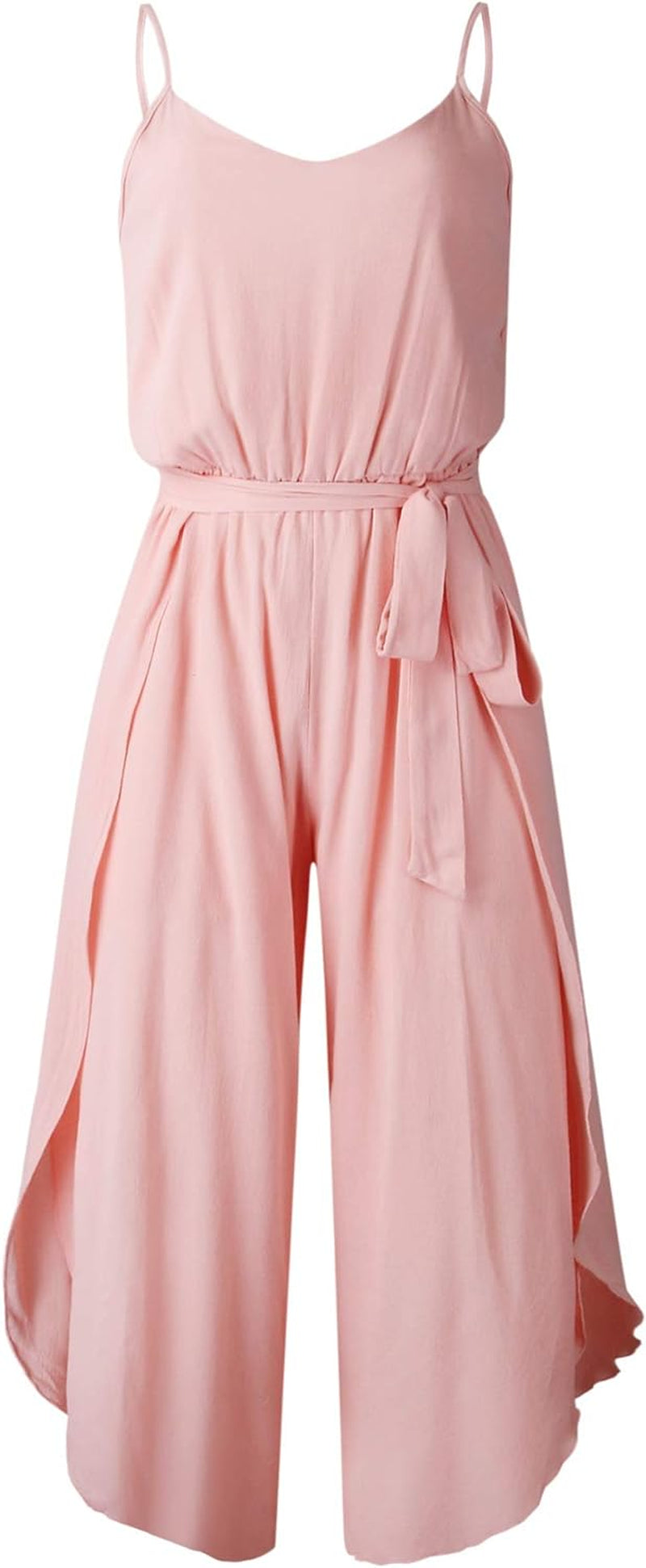 Womens Jumpsuit Spaghetti Strap Wide Leg Split Jumpsuits Long Overalls Summer Beach Loose Fit Rompers with Belt Navy Blue Large