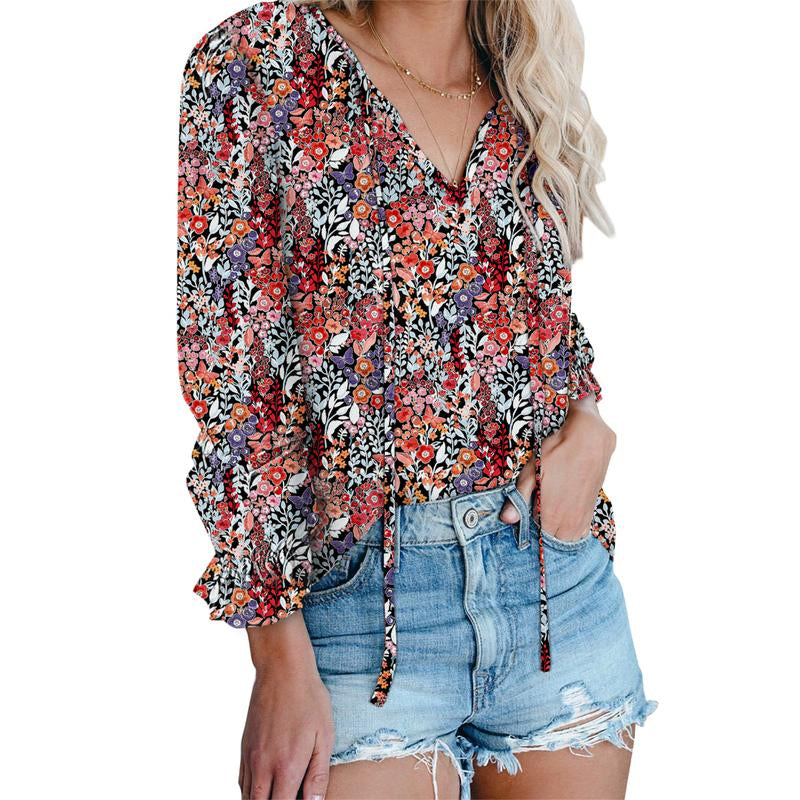 Dokotoo Women'S Casual Boho Floral Printed V Neck Tops Drawstring Short Long Sleeve T Shirt Blouses