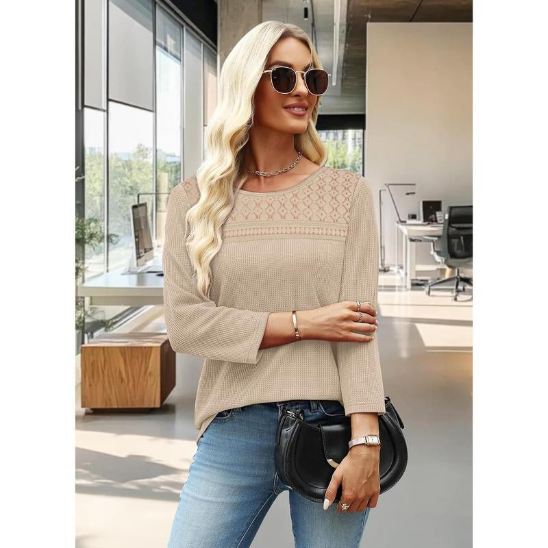 OFEEFAN Women Blouses Dressy Casual 3/4 Length Sleeve Tops plus Size Fall Clothes Lace Crochet Trendy Waffle Shirts