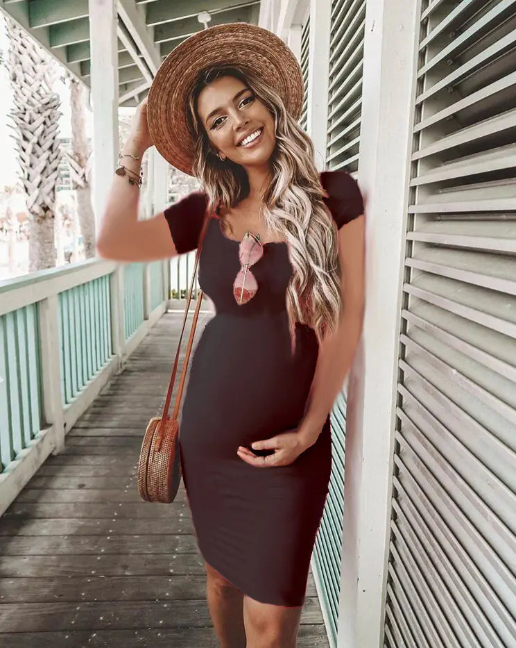 Solid Color Short Sleeve Maternity Dress