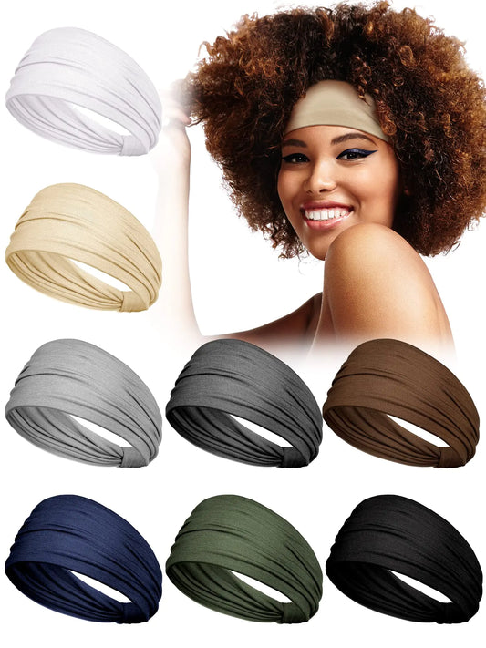 WILLBOND 8 Pieces African Headband Stretchy Boho Print Hairband Yoga Running Sports Workout Head Grip Band Elastic Turban Headwrap Head Cloth for Women Hair Accessories(Solid Pattern)