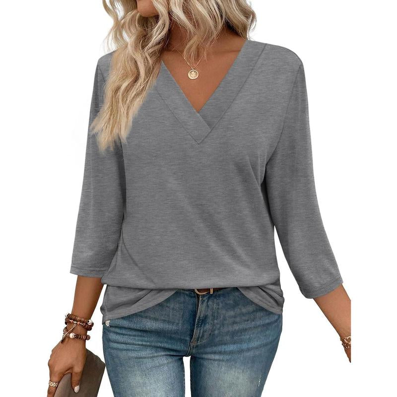WIHOLL 3/4 Length Sleeve Womens Tops V Neck Casual Tunic Tops Basic Shirts Loose Fit Blouse