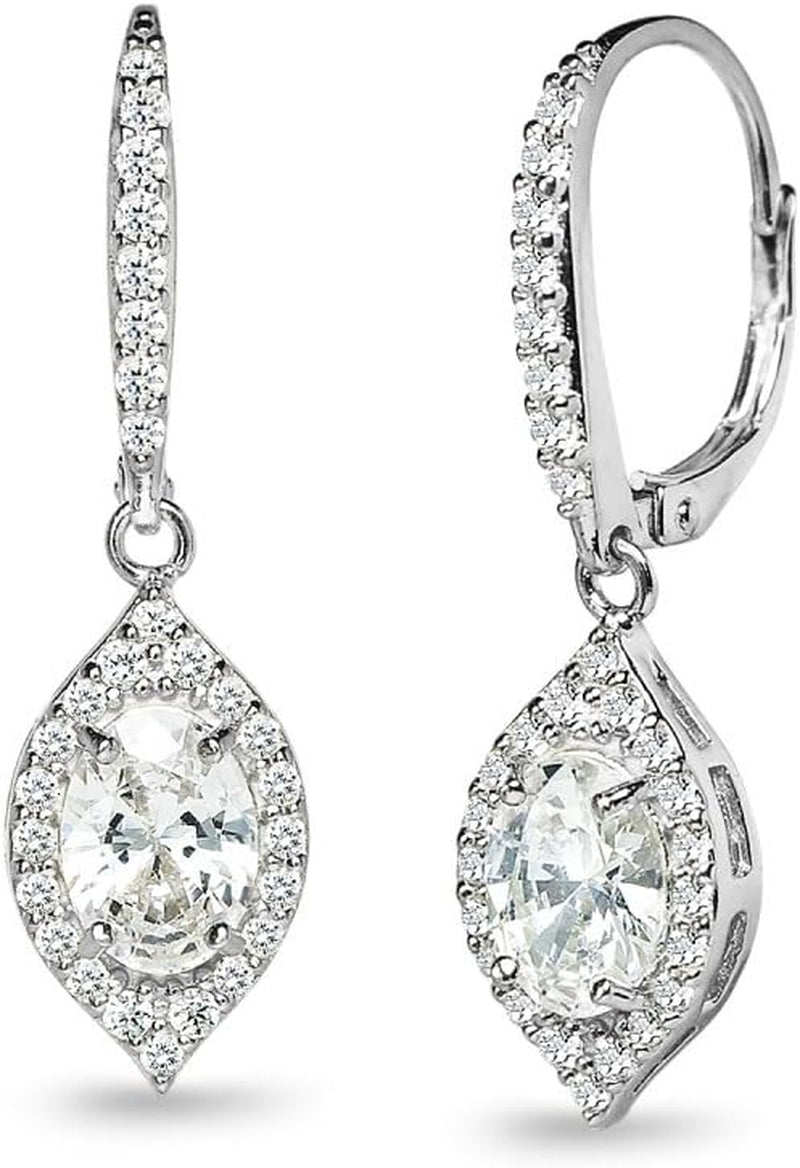 Sterling Silver Oval Dangle Leverback Earrings Made with AAA Cubic Zirconia