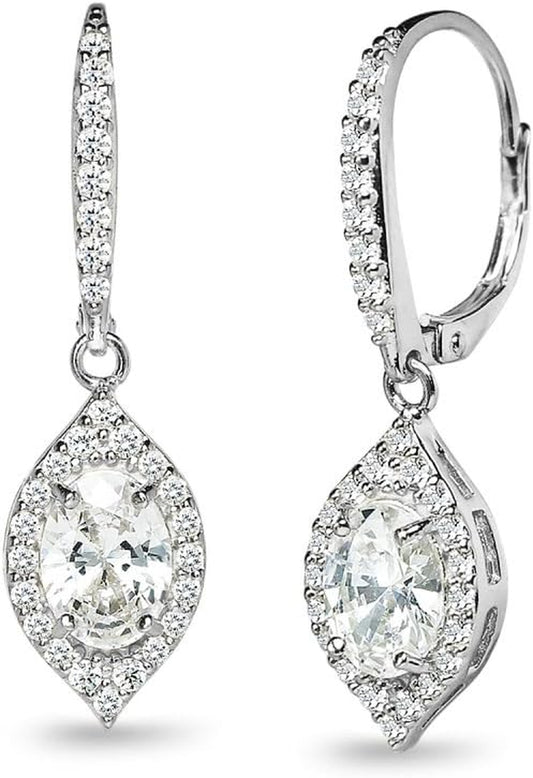 Sterling Silver Oval Dangle Leverback Earrings Made with AAA Cubic Zirconia