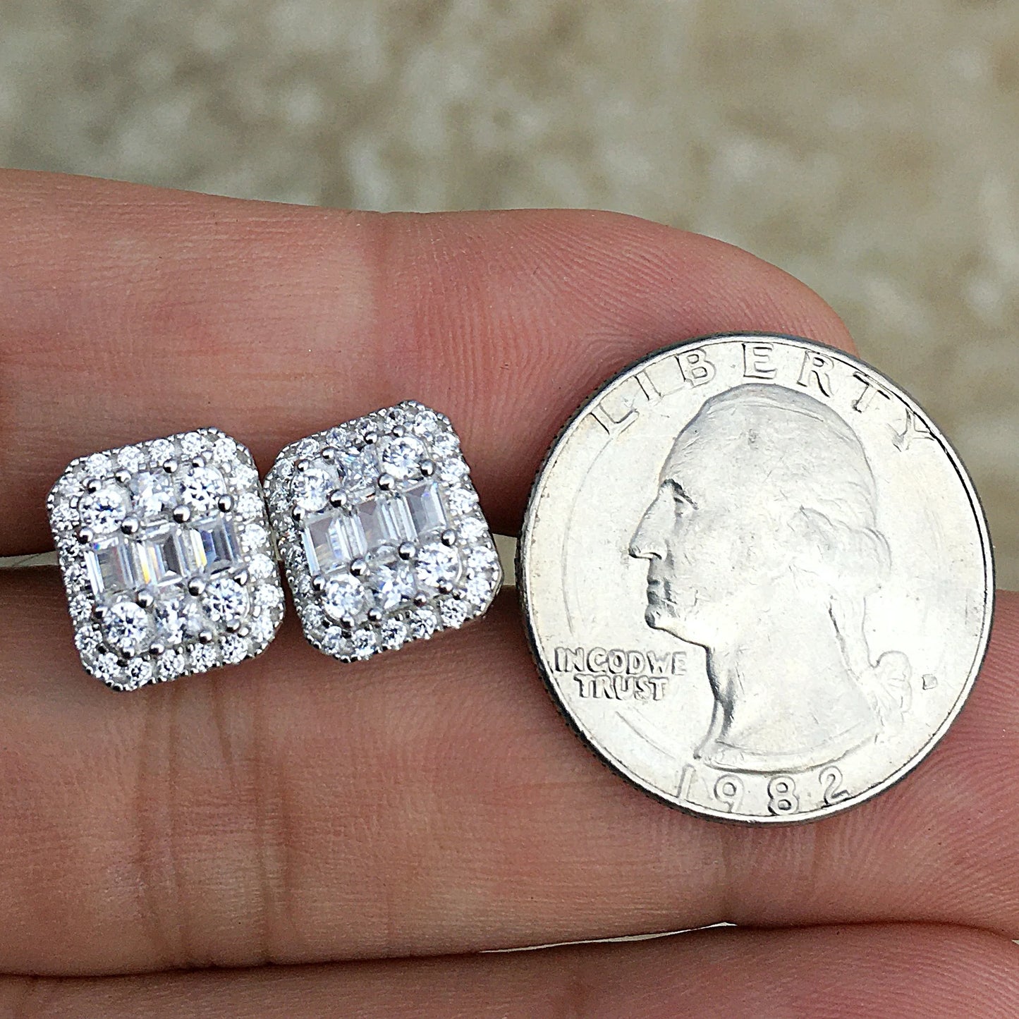 Real Solid 925 Sterling Silver Baguette Iced Earrings Bling Flooded Out CZ Screw Backs