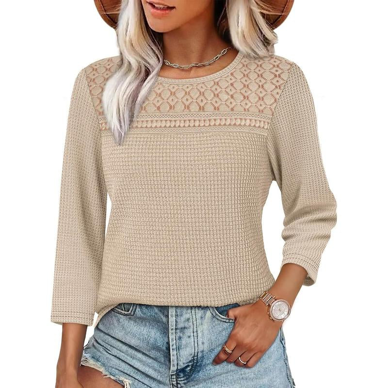 OFEEFAN Women Blouses Dressy Casual 3/4 Length Sleeve Tops plus Size Fall Clothes Lace Crochet Trendy Waffle Shirts