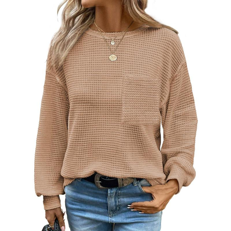 Dokotoo Womens Tops 2025 Oversized Long Sleeve Crewneck Waffle Knit Shirts Business Casual Blouses Basic Shirts Clothes Elegant