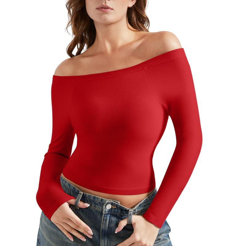 OMKAGI Women Long Sleeve Tops Boat Neck off Shoulder Going Out Y2K Tops T-Shirts