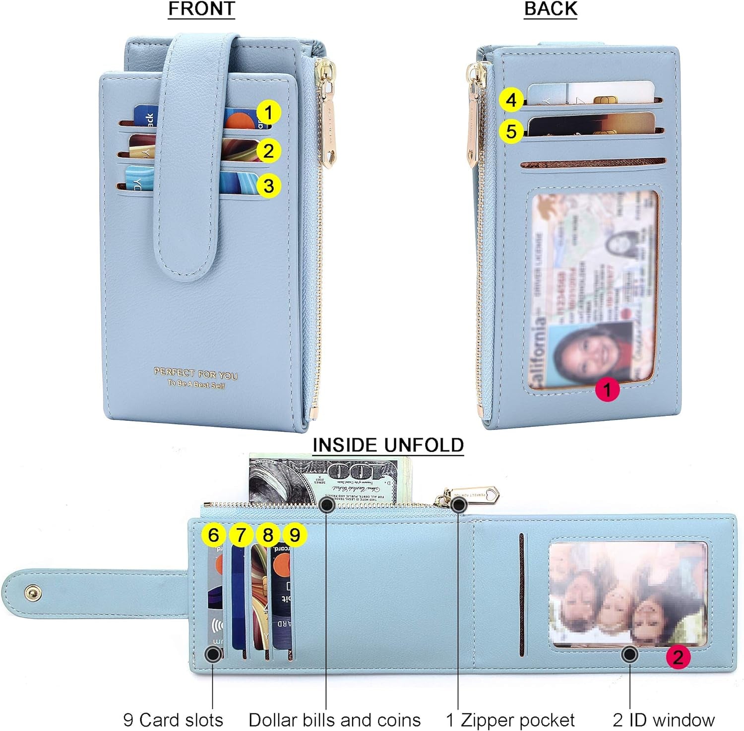 Card Holder Wallet for Women Rfld Slim Wallets Bifold Multi Card Case Coin Purse