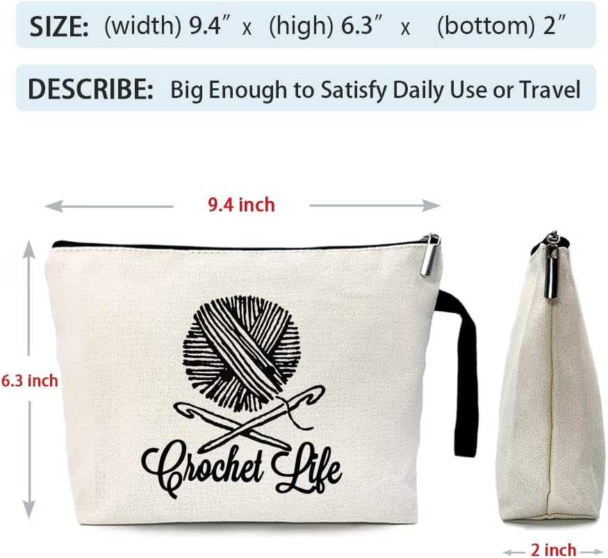 Crochet Life Funny Cosmetic Bag, for Travel Toiletry Zipper Storage Pouch Makeup Bag, Crochet Knit Lover Gifts, Birthday Present for Crochet Friends, Knitting Theme Cosmetic Bag, Yarn Lovers Gifts