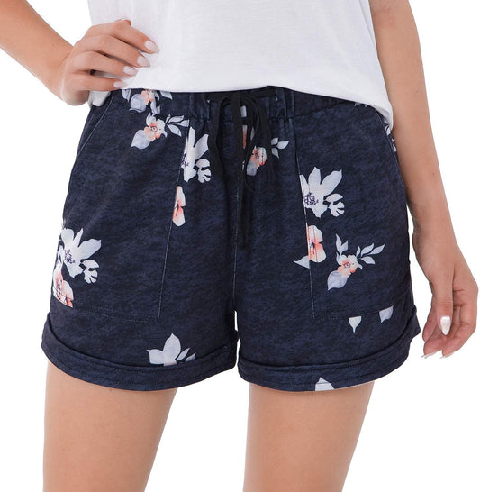 Women Summer Shorts Drawstring Comfy Casual Workout Cotton Linen Elastic Waist with Pockets Shorts 312 Floral-M