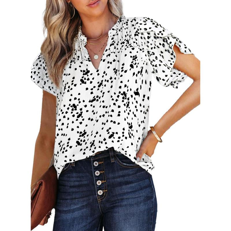 Dokotoo Women'S Casual V Neck Alicia Floral Print Smocked Short Sleeve Chiffon Blouses Bohemian Top Shirts