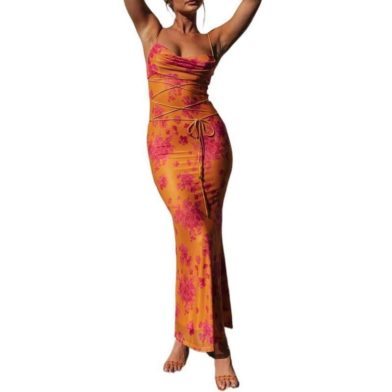 Womens Dress Dresses for Women Midi Dress Maxi Dress Mini Dress Women Vintage Spaghetti Strap Maxi Dress Sexy Low Cut Backless Floral Satin Slip Long Dress Y2K Cami Bodycon Dresses