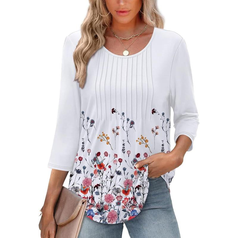 WIHOLL 3/4 Length Sleeve Womens Tops 2025 Crewneck Casual Pleated Tunic Tops Loose Fit Shirts Blouses Curved Hem