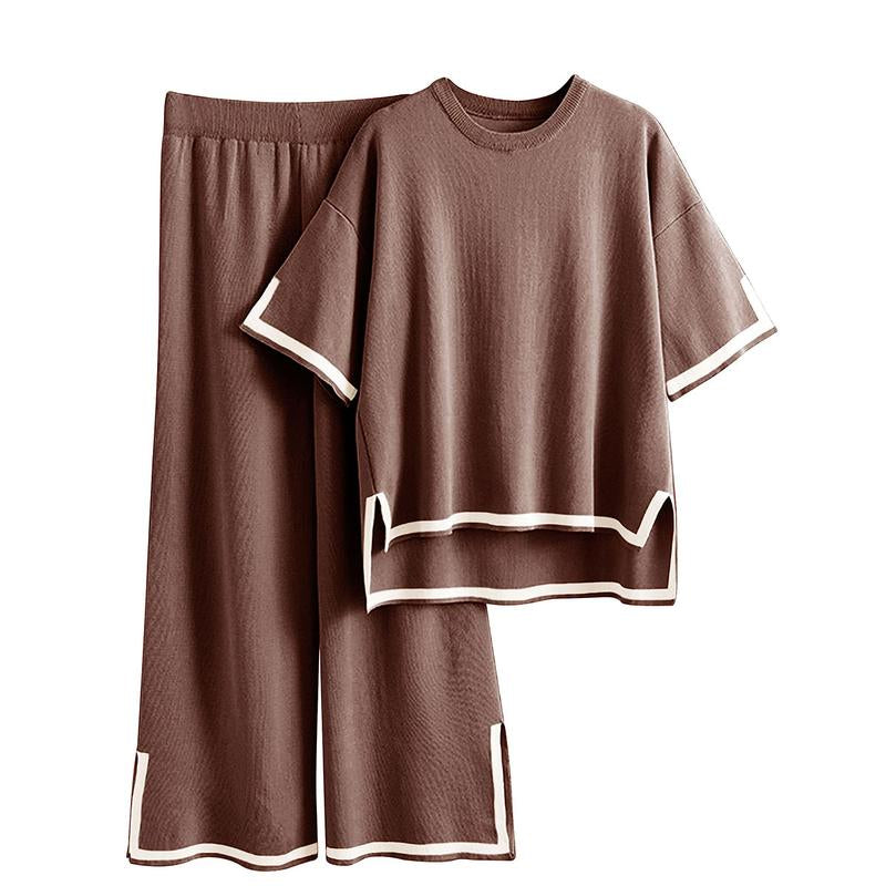 Naeduo Sweater Sets Women 2 Piece Lounge Sets Short Sleeve Knit Pullover Tops Wide Leg Pants