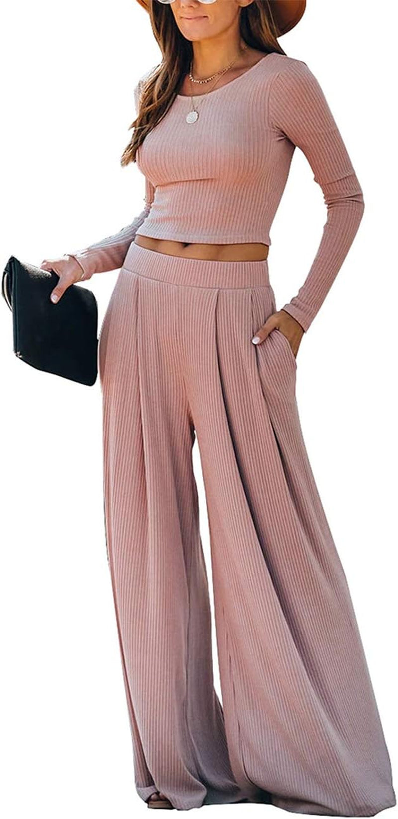 Wide Leg Pant Suits for Women Elegant 2 Piece Solid Outfits Long Sleeve Crop Top High Waist Long Pants with Pockets