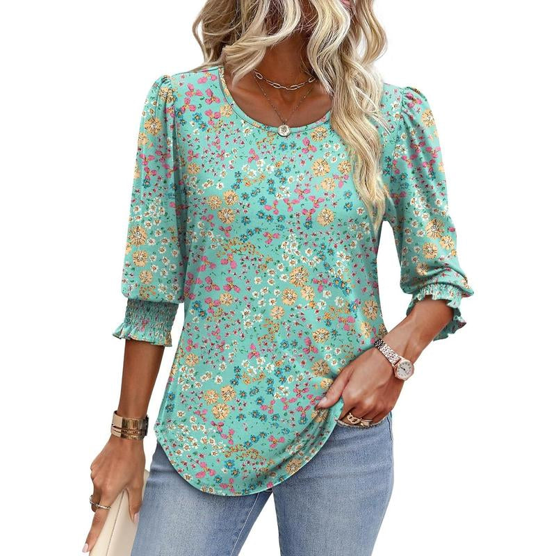 WIHOLL Blouses for Women Dressy Casual 3/4 Length Sleeve Womens Tops with Smocked Cuffs