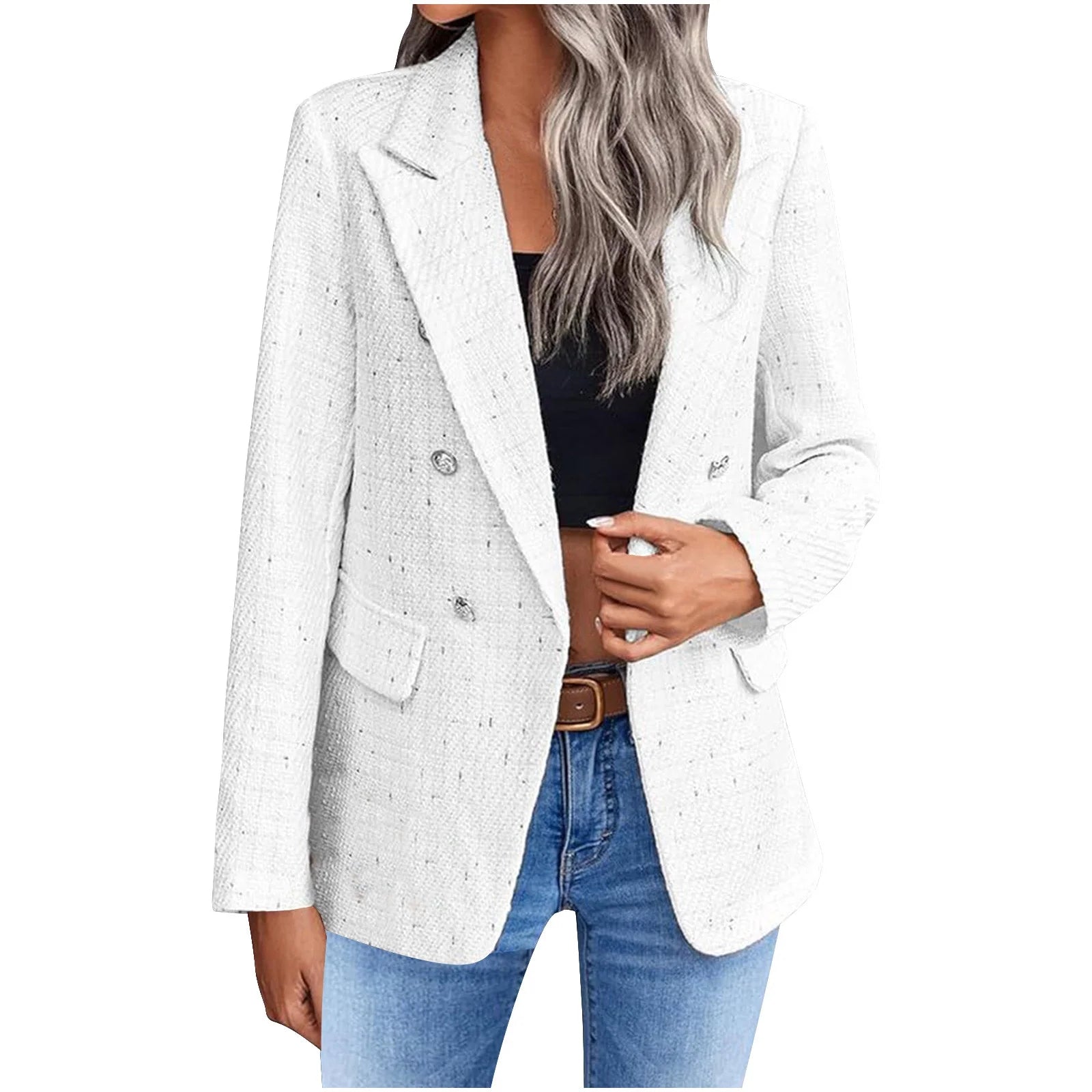 Women'S Blazers Tweed Plaid Blazer Jacket Fashion Business Casual Lapel Elegant Coat with Pockets (Beige,S)
