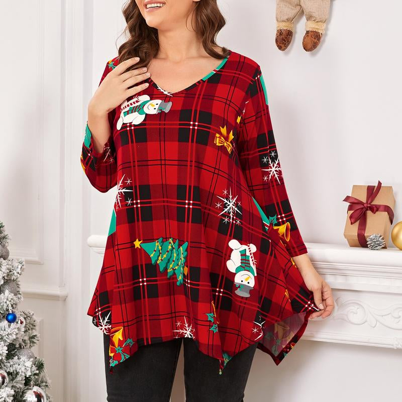 LARACE plus Size Tops for Women 3/4 Sleeve Christmas Crewneck Blouses Shirts Tunic Womenswear Asymmetrical Plussize Basic Top Dress Flowy Fabric Fit Christmas Clothes Blouse Women Tops Basic Minimalist Christmas T-Shirts Comfortable Tops Outfits Suits