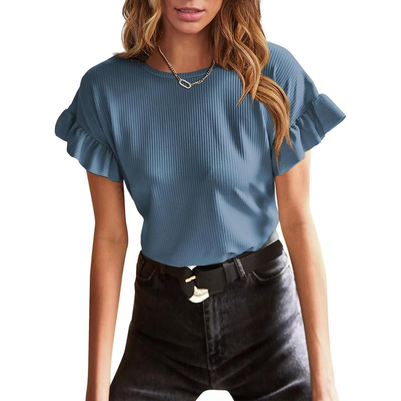 EVALESS Womens Short Sleeve Casual Camisole T Shirts Summer Ruffle Plain Crewneck Knitter Comfort Loose Fitted Basic Tee Tops Womenswear