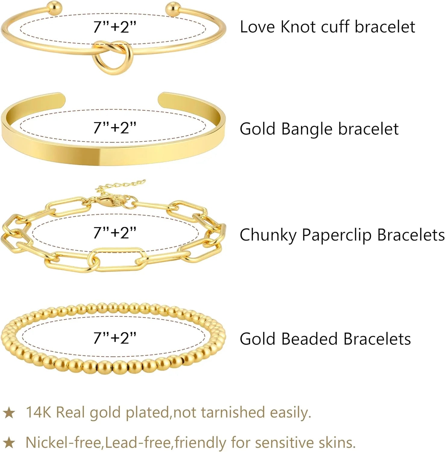 Gold Bracelets for Women Stack 14K Gold Plated Bangle Cuff Bracelet Set for Women Non Tarnish Gold Beaded Paperclip Link Chain Bracelets Jewelry for Women Girls Trendy