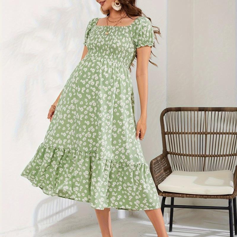 Women'S Maternity Flowers Print Midi Dress, Slim-Fit Short Sleeve Dress for Summer