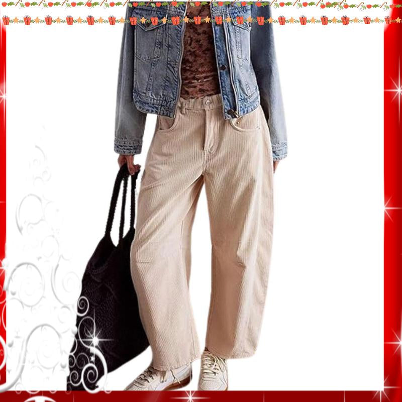 Naeduo Women'S Corduroy Pants Barrel Mid-Rise Elastic Waist Cord Pants Casual Wide Leg Baggy Trouser with Pockets