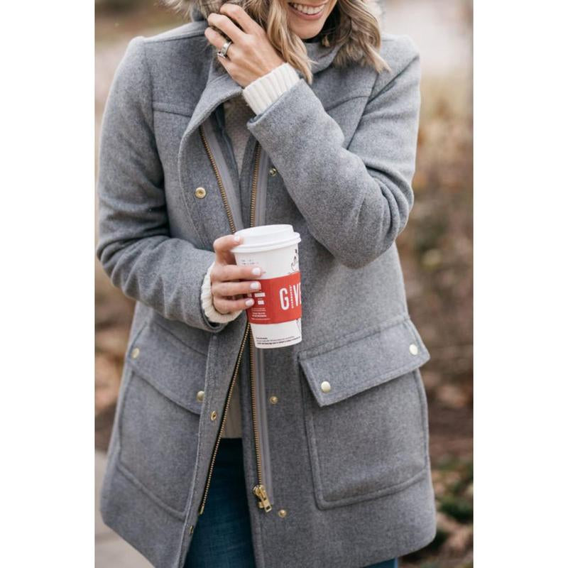 Goranbon Womens Coats Fall Winter Mid Length Thick Warm Pea Coat Elegant Faux Wool Coat with Detachable Hat Jacket Outerwear