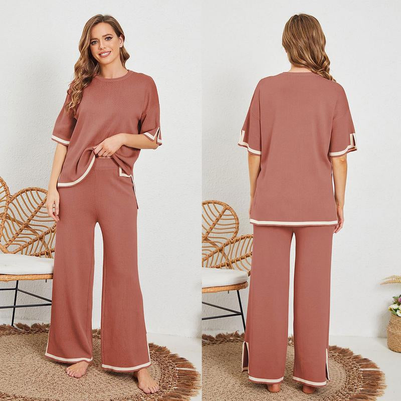 Naeduo Sweater Sets Women 2 Piece Lounge Sets Short Sleeve Knit Pullover Tops Wide Leg Pants