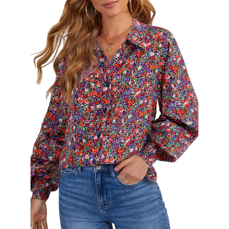 Dokotoo Women'S Casual V Neck Allover Floral Print Long Sleeve Chiffon Button down Blouses Bohemian Top Shirts Elegant Chic
