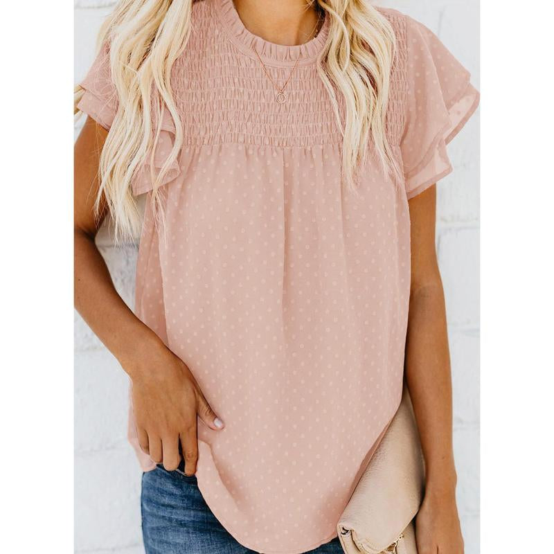 Dokotoo Womens Crewneck Lace Crochet Pom Pom Flowy Short Sleeve Casual Shirts Blouses Tops Summer Fit Denim Fashion Women'S Summer Outfits