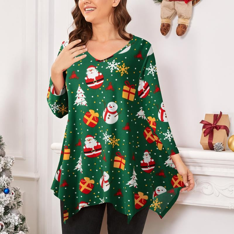 LARACE plus Size Tops for Women 3/4 Sleeve Christmas Crewneck Blouses Shirts Tunic Womenswear Asymmetrical Plussize Basic Top Dress Flowy Fabric Fit Christmas Clothes Blouse Women Tops Basic Minimalist Christmas T-Shirts Comfortable Tops Outfits Suits