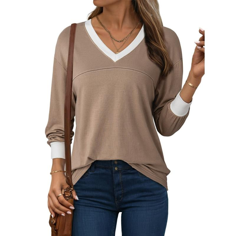 Dokotoo Women Blouses Dressy Casual Long Sleeve Shirts V Neck Color Block Tops Fall Outfits 2025