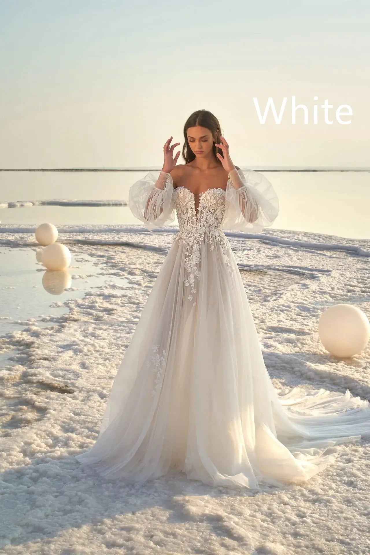 Puff Sleeve Beach Wedding Dress for Women