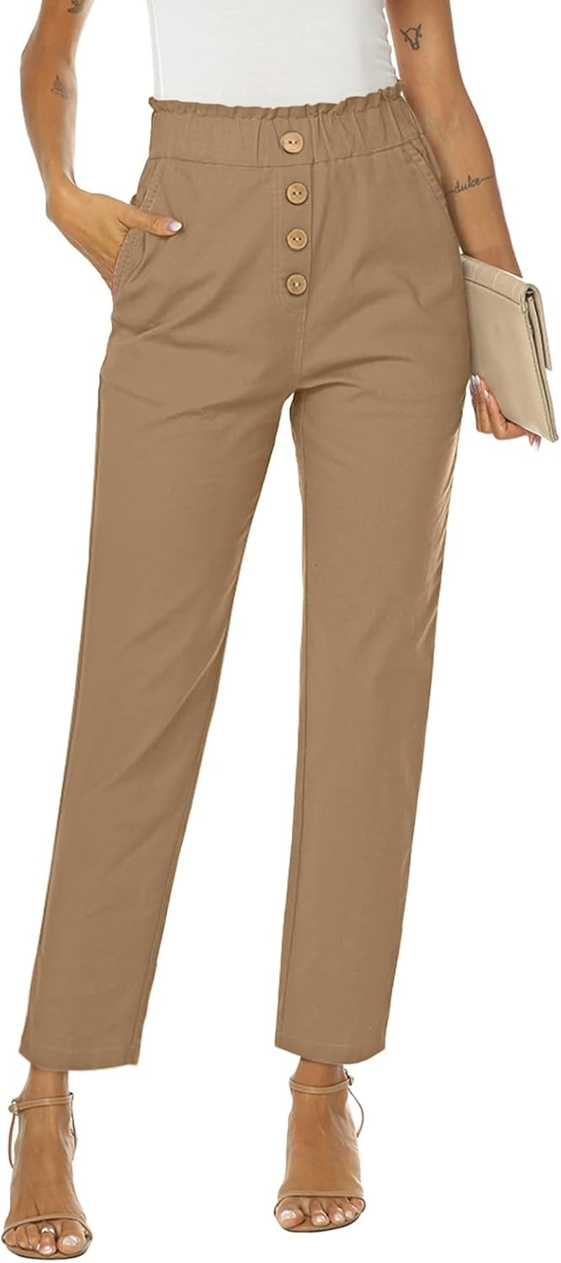 Womens Casual Pants High Waisted Work Pants Elastic Cropped Dress Paper Bag Pants with Pockets