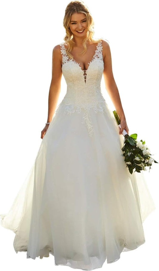 Lace Ball Gown Wedding Dresses for Bride 2023 V Neck Appliques Boho Long Bridal Gown for Women White 12